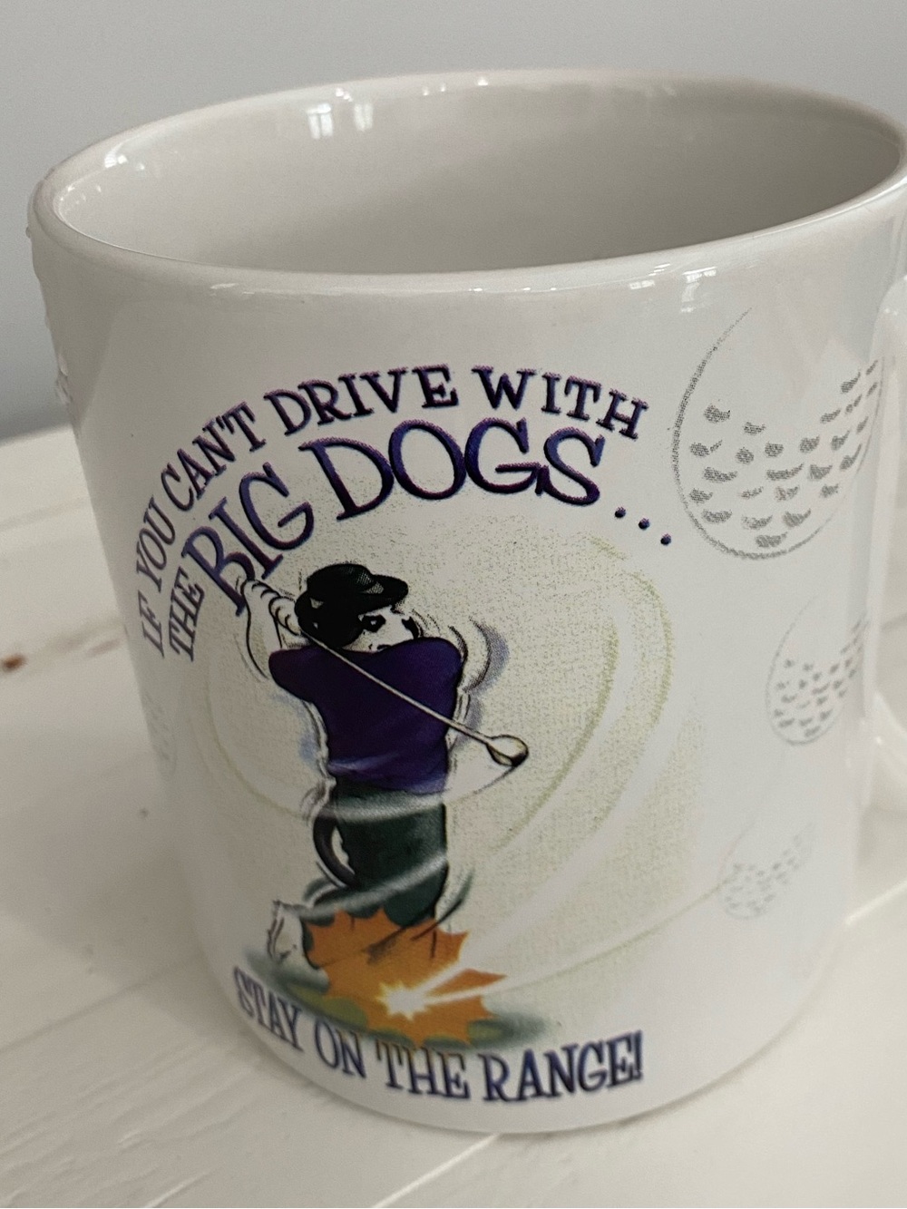 Big Dogs White Ceramic Golf Mug with Purple and Orange Accents 24ounce.